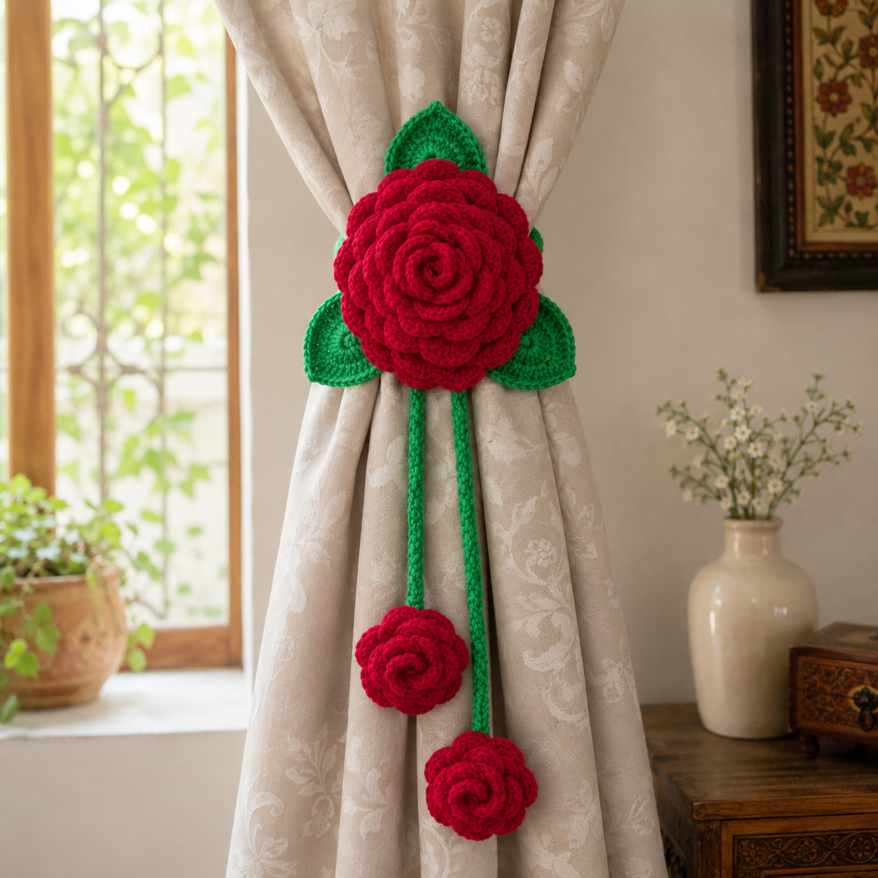 Handmade Crochet Rose Design Curtain Holder Pair