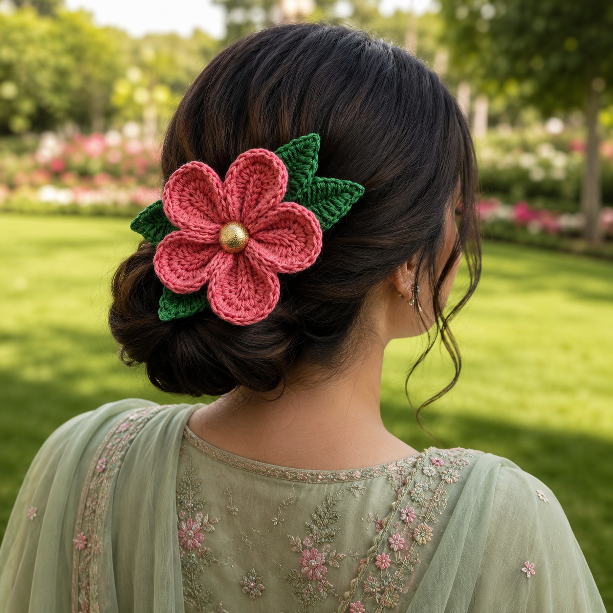 Crochet Pink Flower Hair Clip for Women