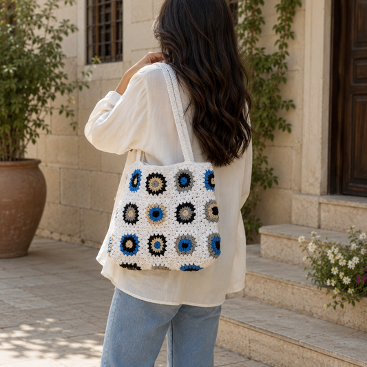 Handmade Crochet Granny Square Tote Bag for Women