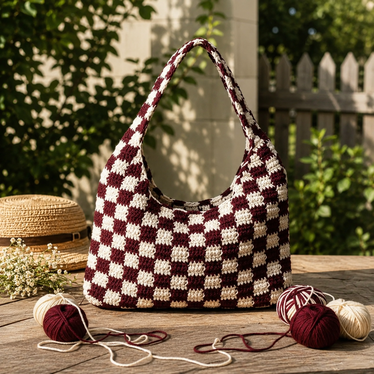 Handmade Checkered Crochet Shoulder Bag for Women