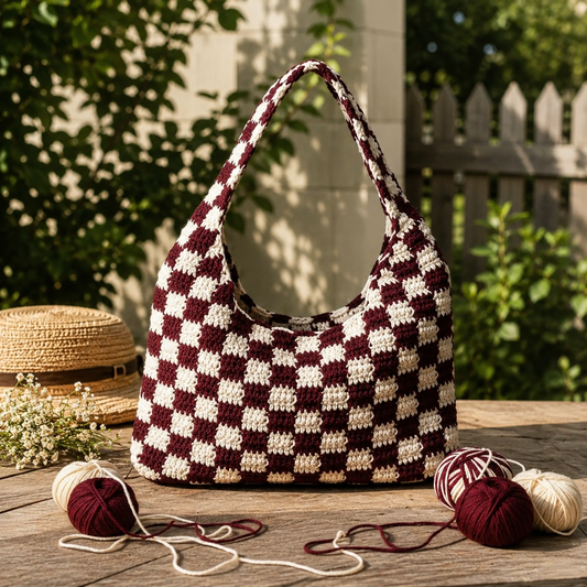 Handmade Checkered Crochet Shoulder Bag for Women