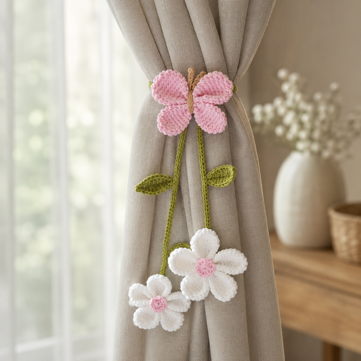Crochet Butterfly Curtain Holder with Floral Tassels