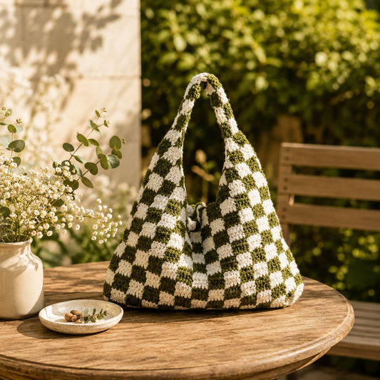 Handmade Checkered Crochet Shoulder Bag for Women